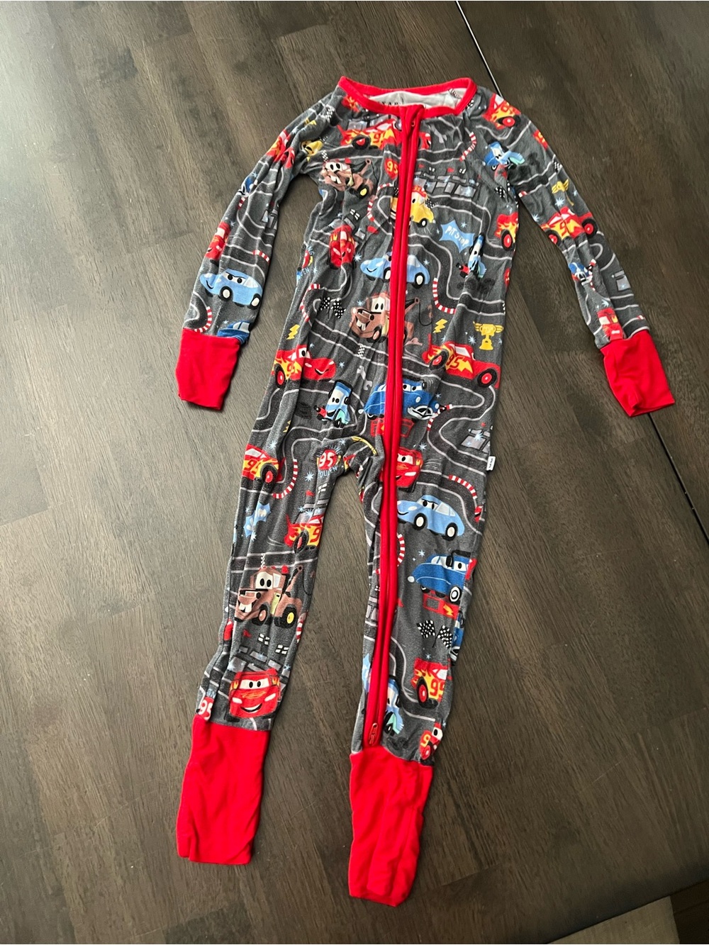Little Sleepies Grey One-Piece Pajama with Red Trim and Multi-Color Car Print